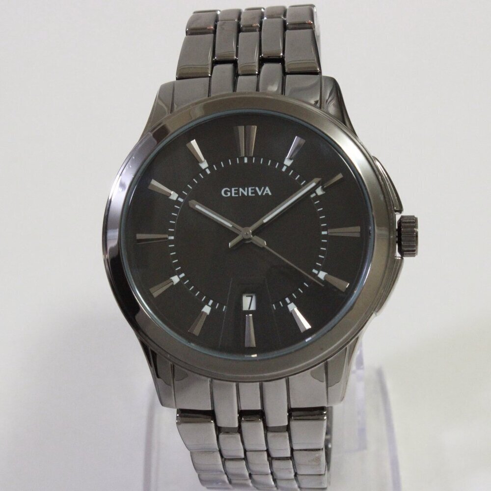 Geneva Men's Casual Quartz Watch Raised Indices GunMetal Finish 42mm - Picture 3 of 14
